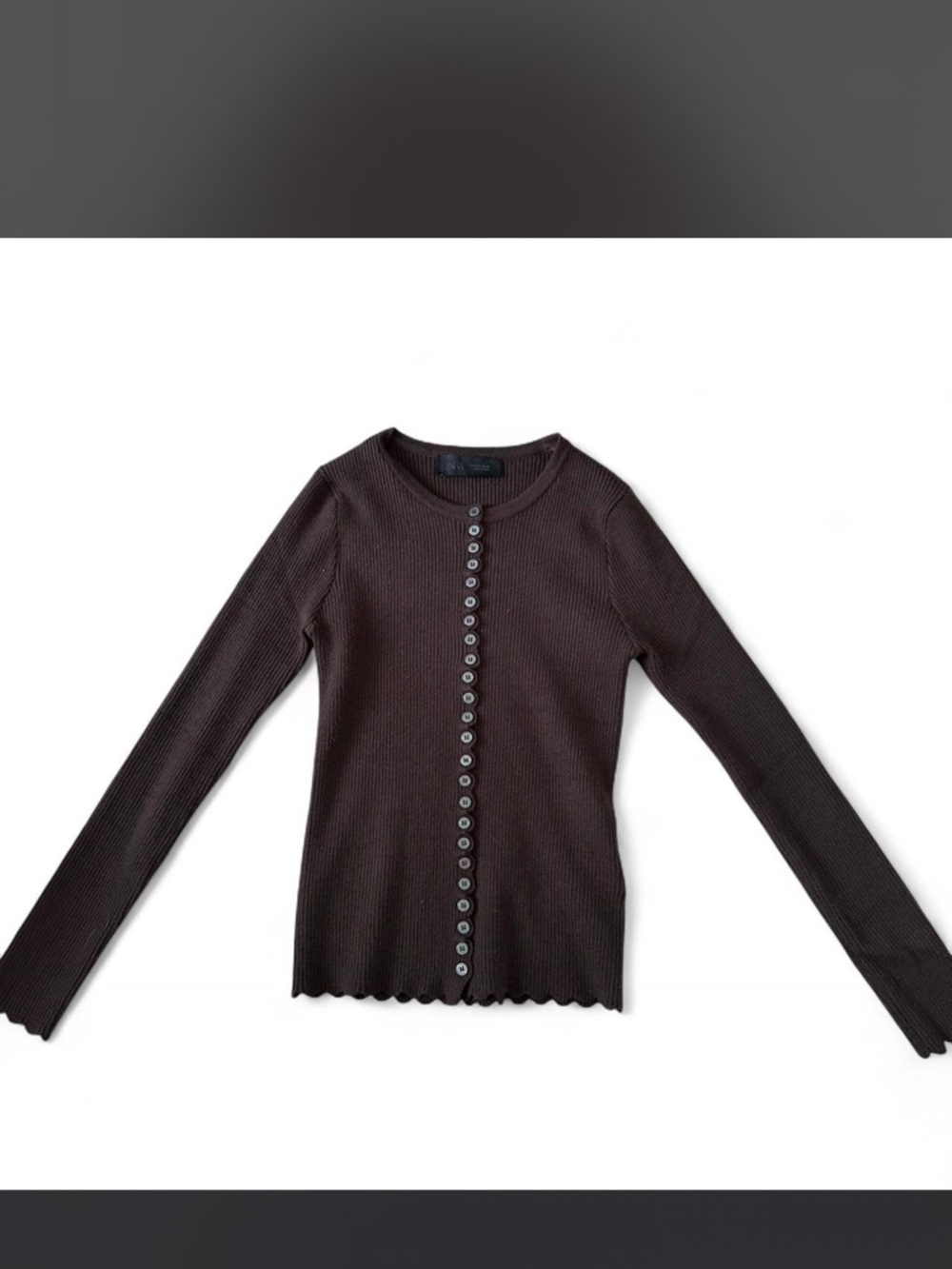 Zara Dark Brown Ribbed Crewneck Button-Front Sweater